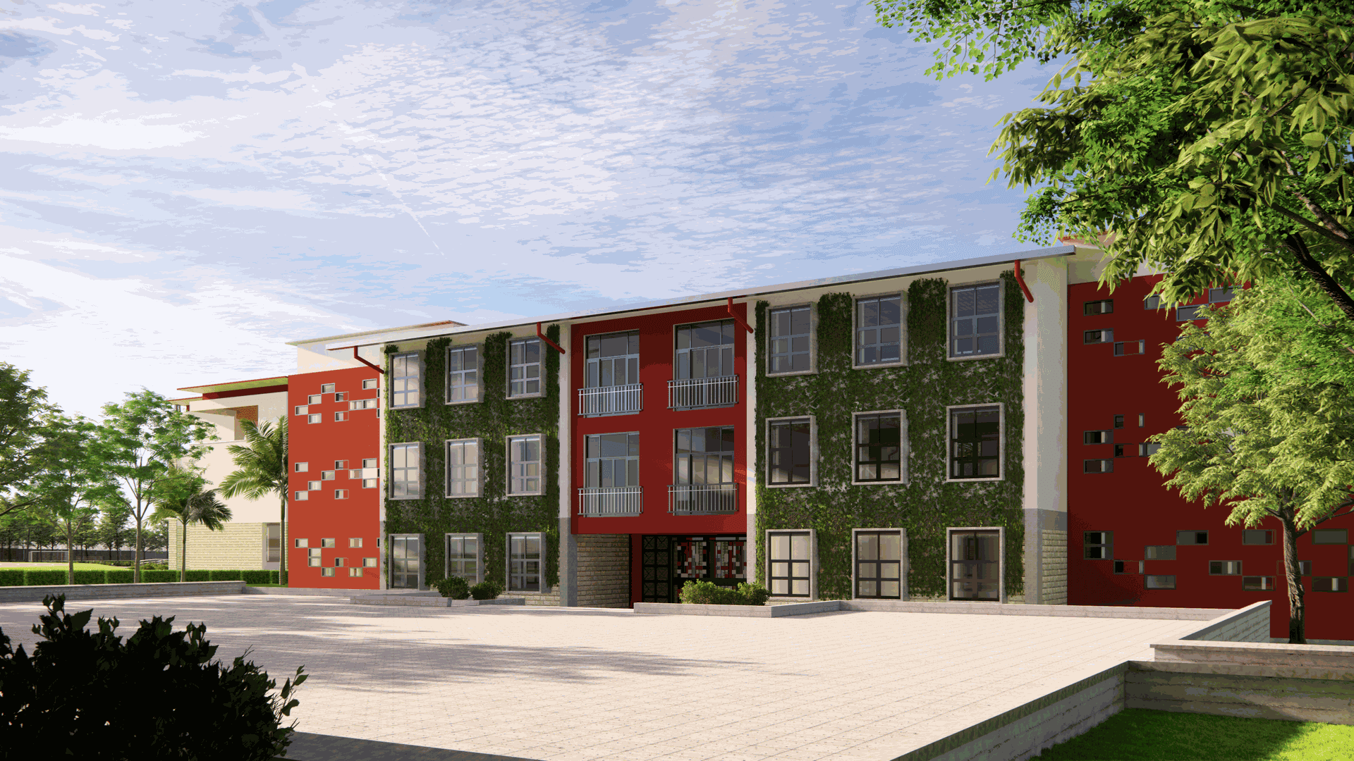Precious Schools tuition block across the multi-purpose hall courtyard